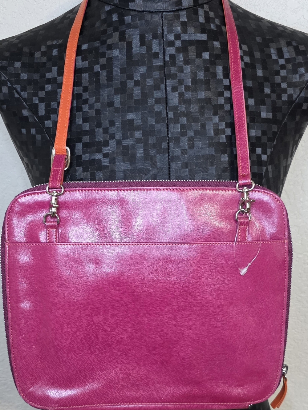 Bright Pink Leather Crossbody Bag with Orange Accent Strap